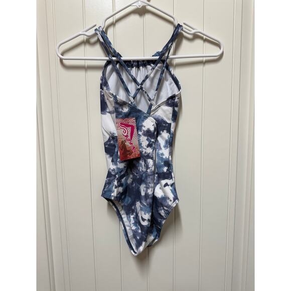 Kanu Surf Girls UPF 50 Beach Sport Criss-Cross One Piece Swimsuit navy tiedye 12 - Picture 2 of 6